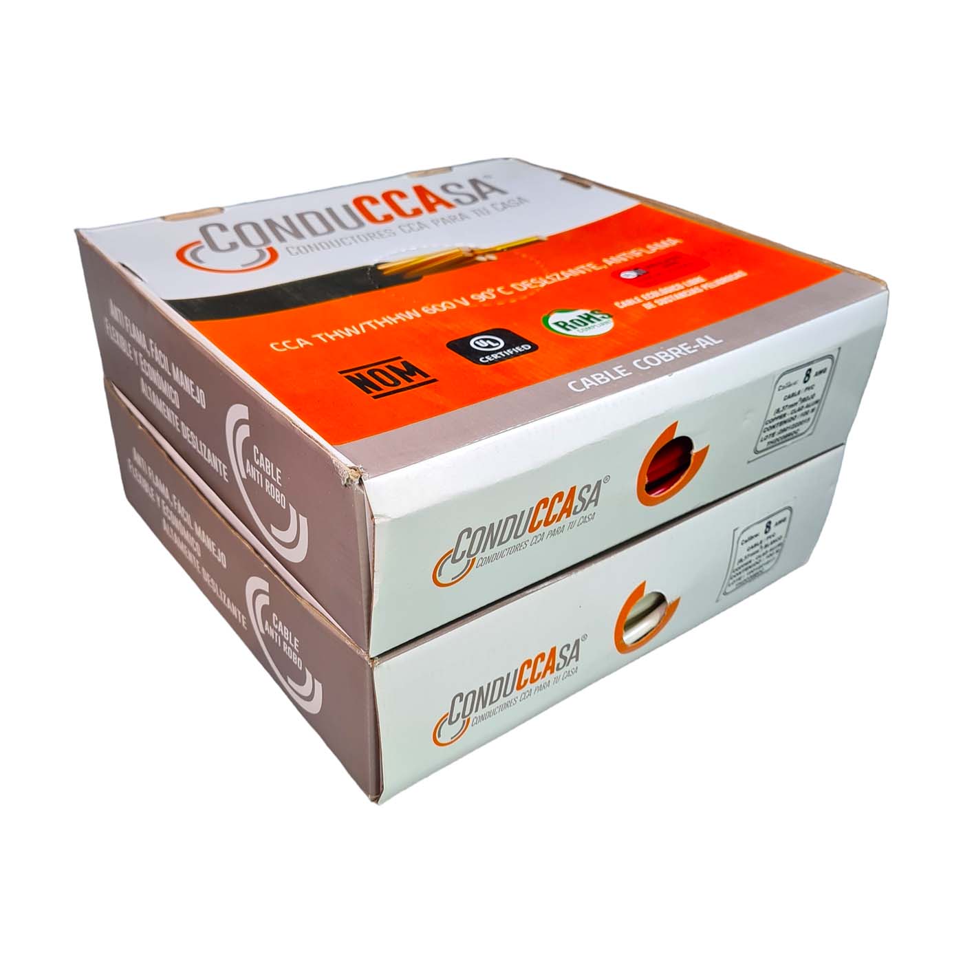 2 Rollos 100m c/u Cable Eléctrico Calibre 8 Cobre-Al Antiflama Rojo y Blanco THW / THHW