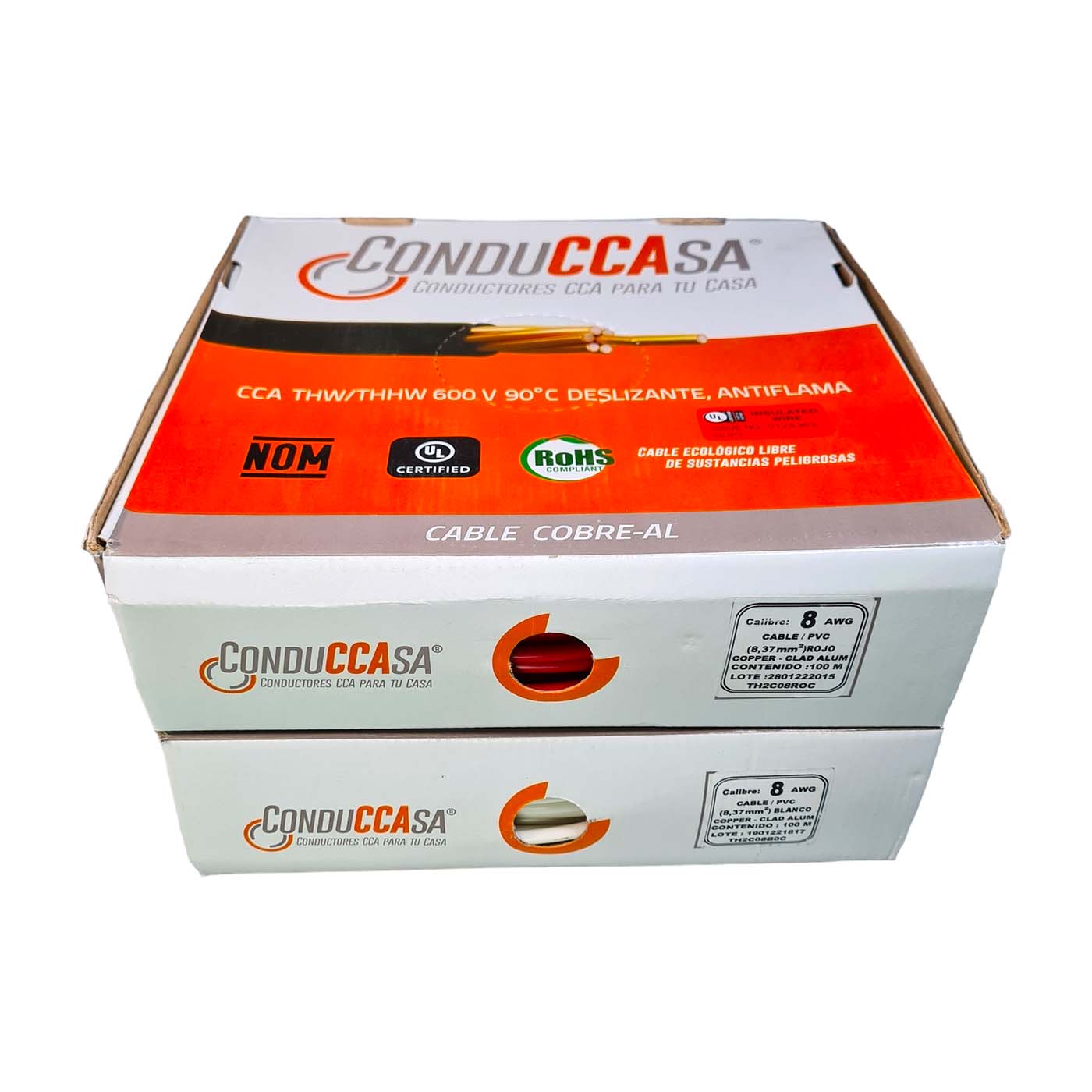 2 Rollos 100m c/u Cable Eléctrico Calibre 8 Cobre-Al Antiflama Rojo y Blanco THW / THHW