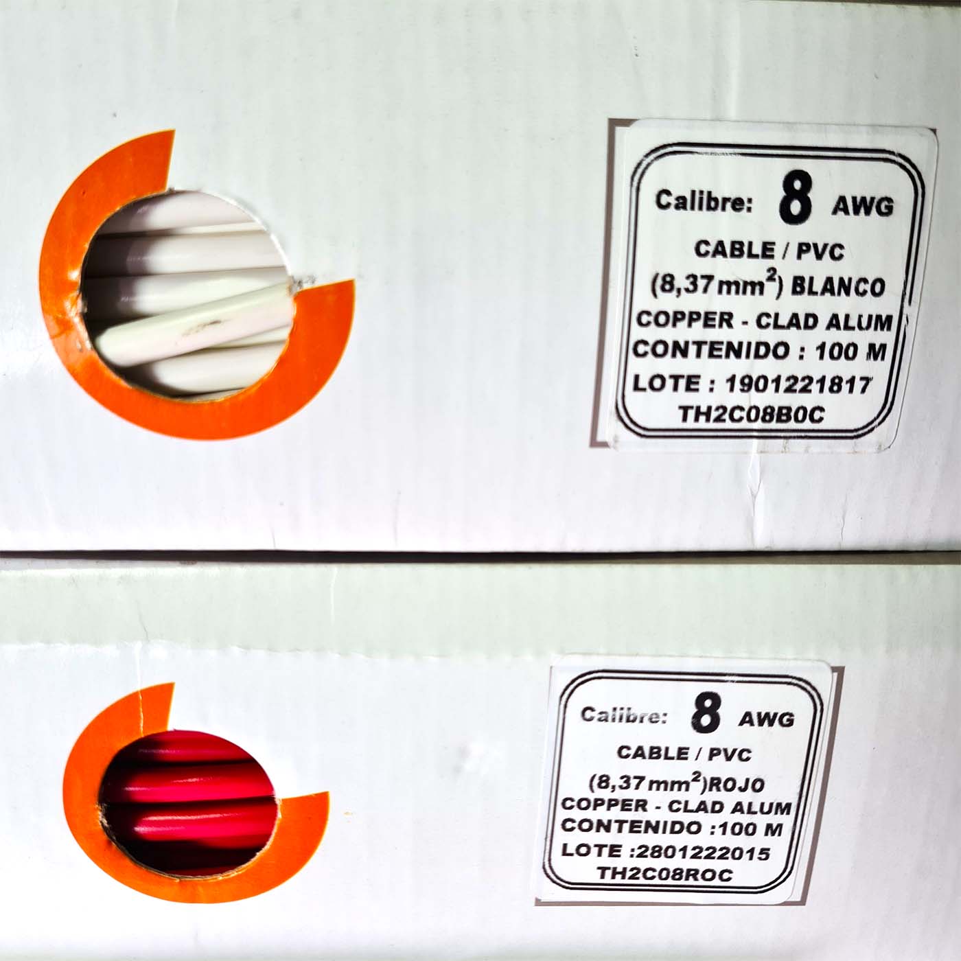 2 Rollos 100m c/u Cable Eléctrico Calibre 8 Cobre-Al Antiflama Rojo y Blanco THW / THHW