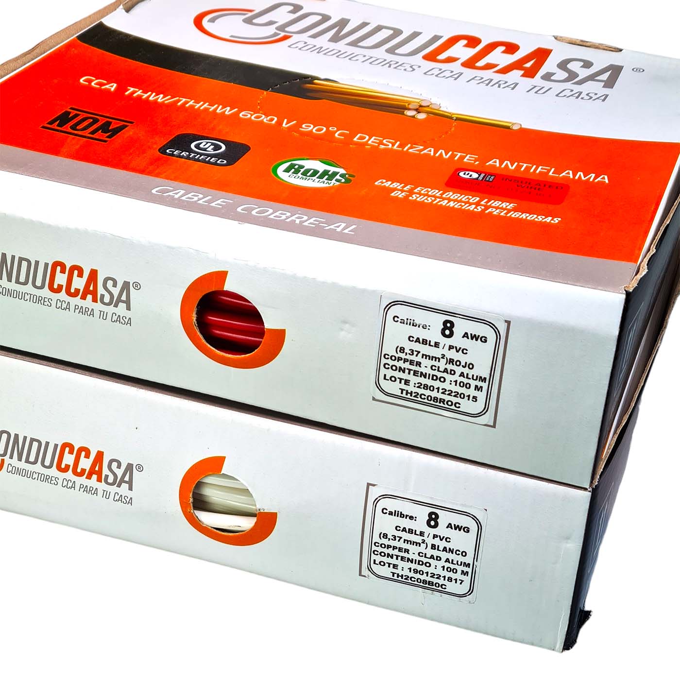 2 Rollos 100m c/u Cable Eléctrico Calibre 8 Cobre-Al Antiflama Rojo y Blanco THW / THHW