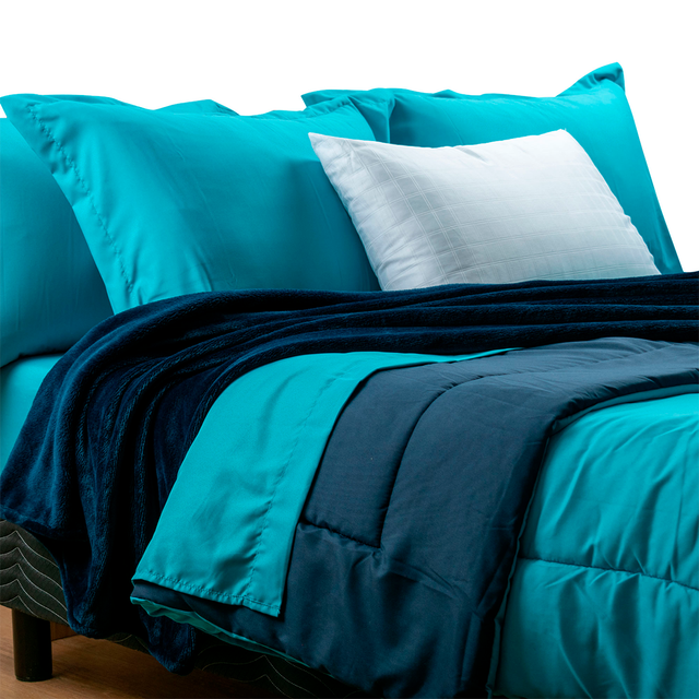 Edredón King Size Doble Vista, Juego de Sabanas, 2 Almohadas y Una Frazada| Marino