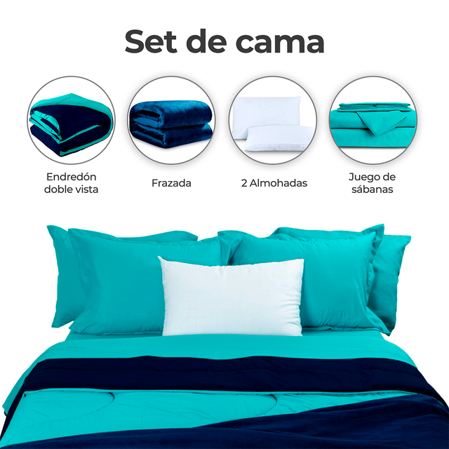 Edredón King Size Doble Vista, Juego de Sabanas, 2 Almohadas y Una Frazada| Marino