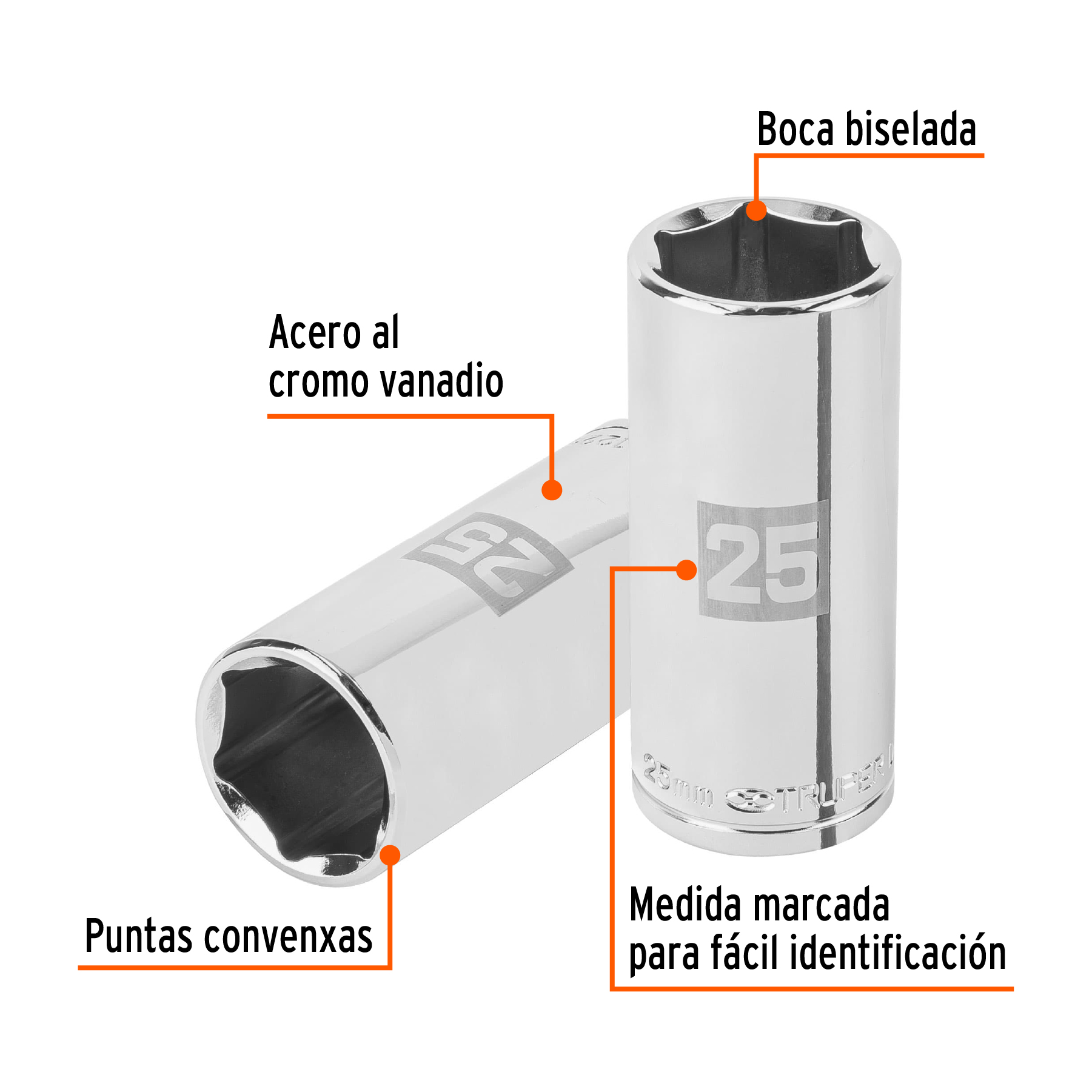 DADO LARGO DE 25 MM, 6 PUNTAS, CUADRO 1/2", TRUPER 101013