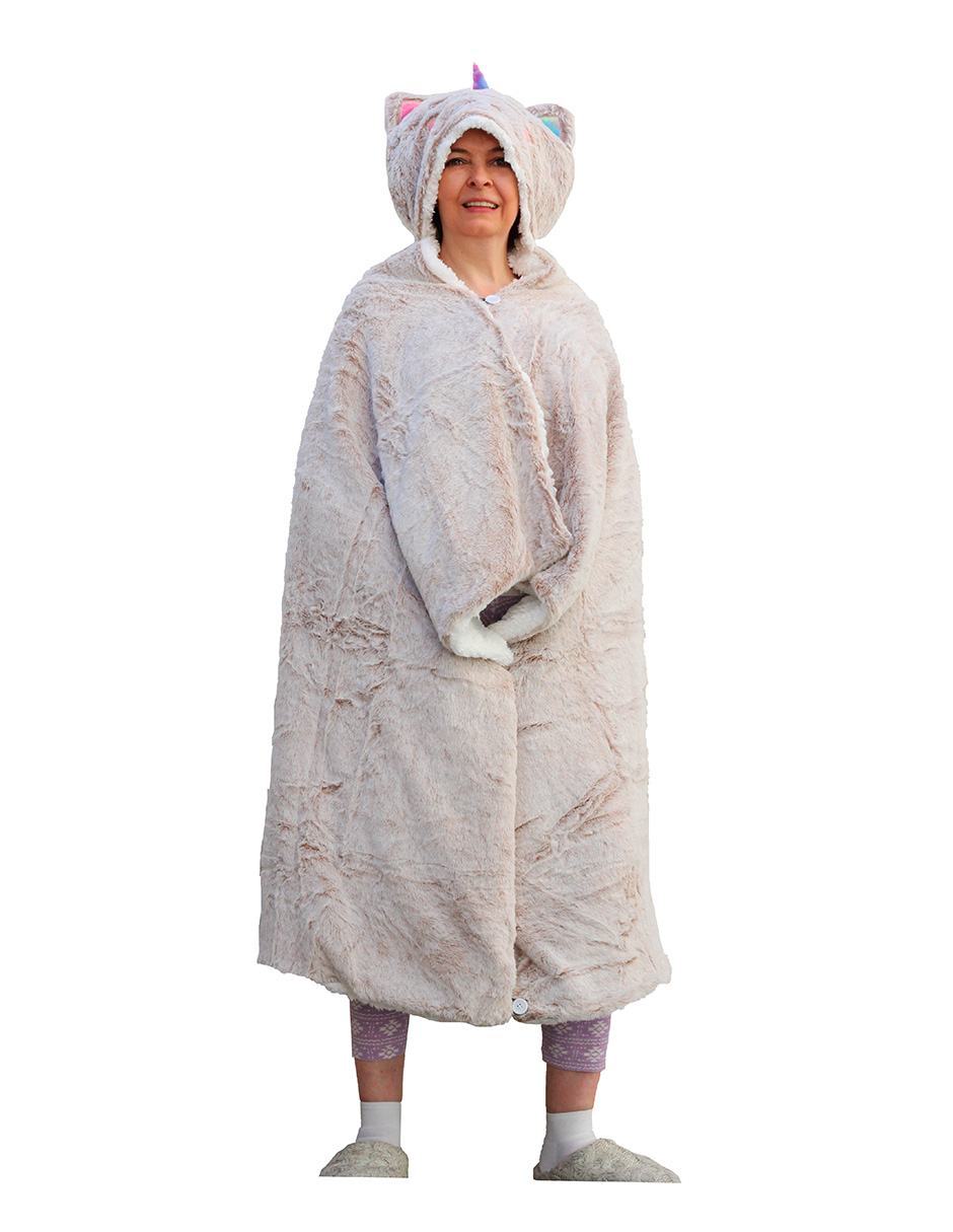 Frazada con gorro Bomy de polar beige unicornio