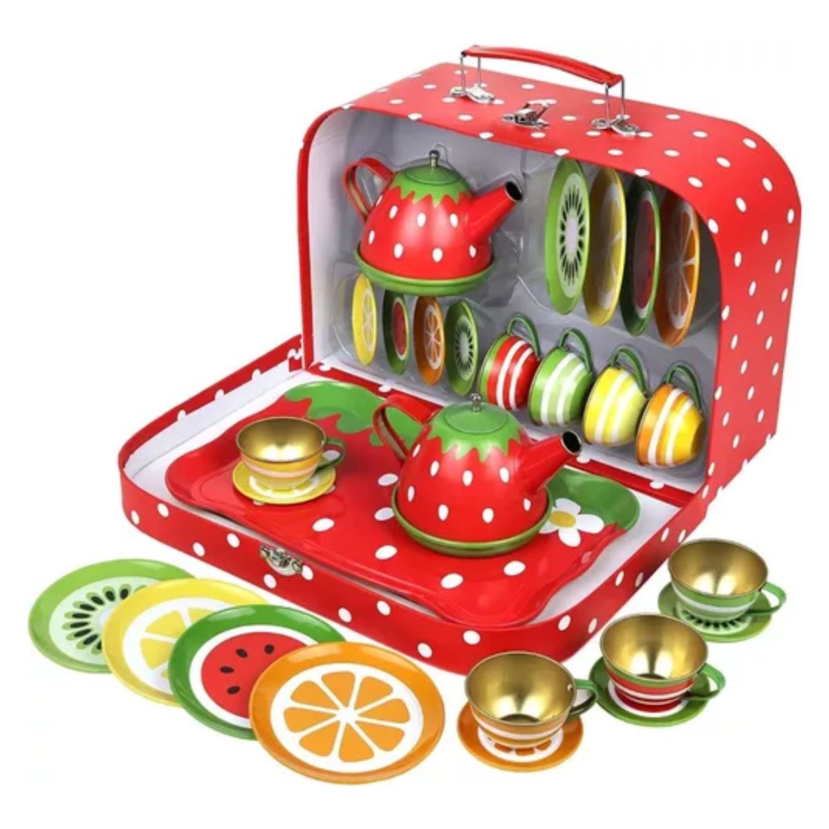Juego De Té Para Niñas Tazas Plato Tetera con estuche de Fresa Rojo