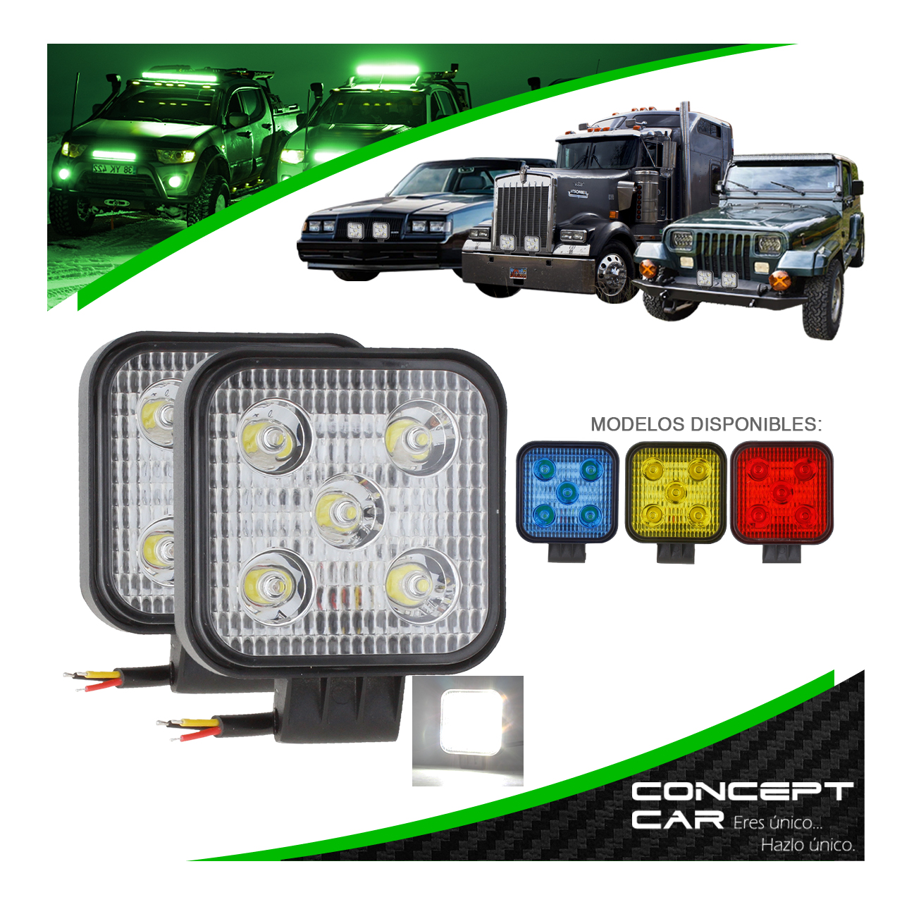Par Faro Cuadrado Auxiliar 5 Led Fija Estrobo Colores 12-24v