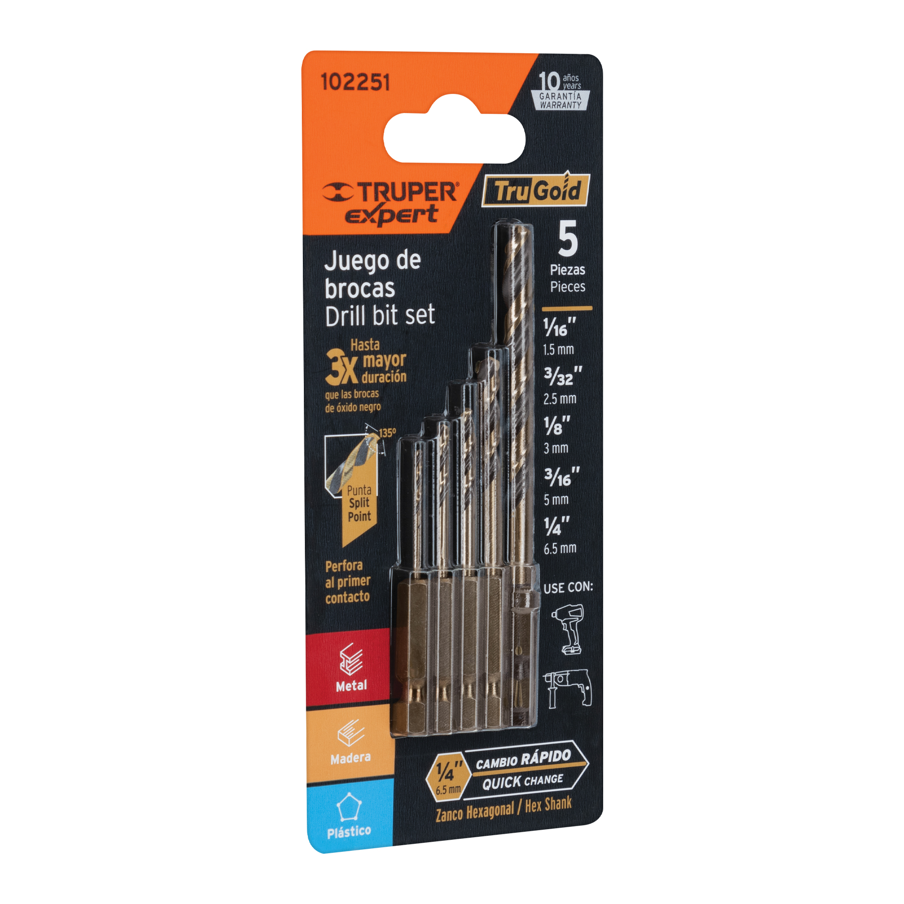 JUEGO DE 5 BROCAS HSS PARA METAL ZANCO CAMBIO RÁPIDO, TRUPER EXPERT 102251