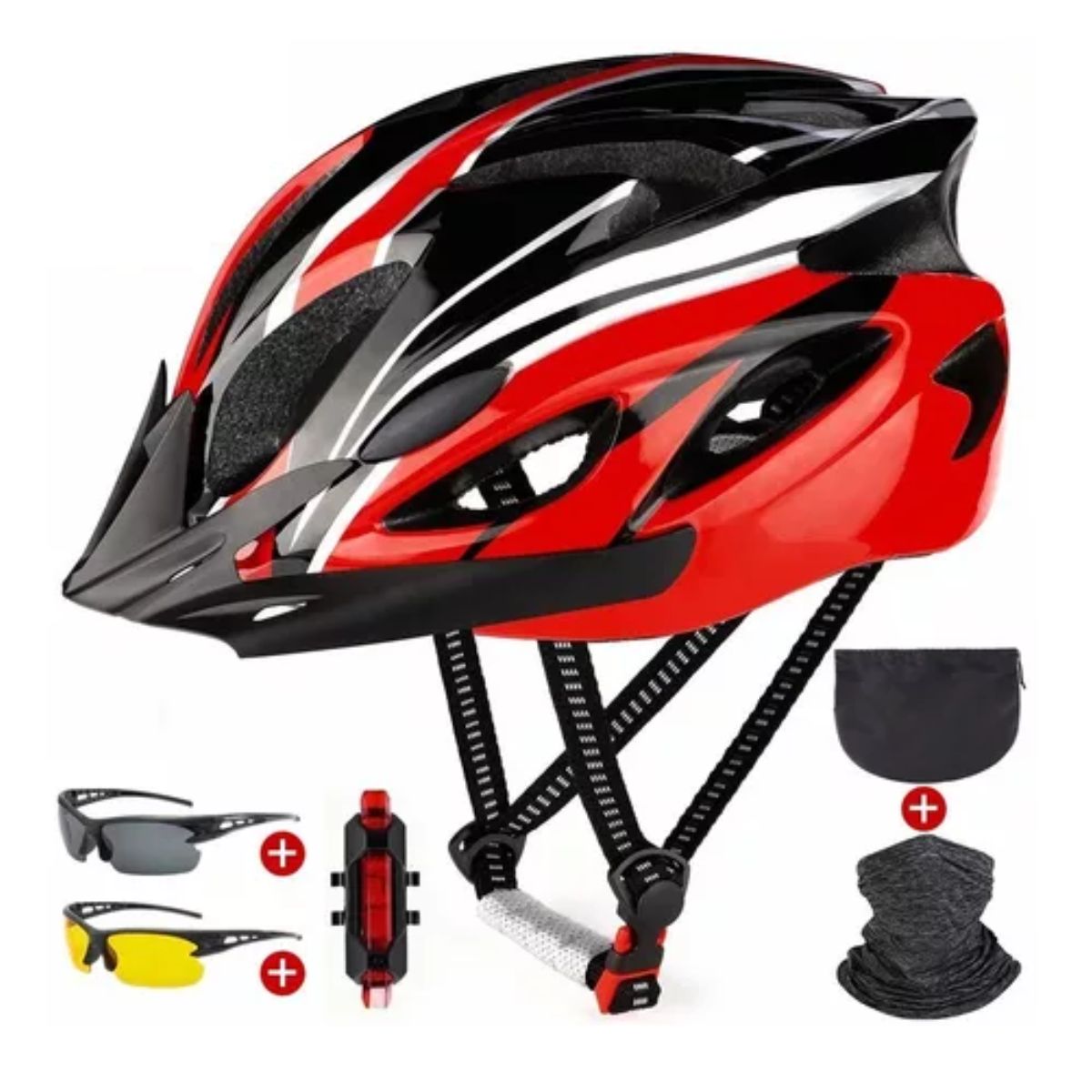 Kit Casco De Bicicleta luz De Bicicleta, gafas y mascara Negro con Rojo 