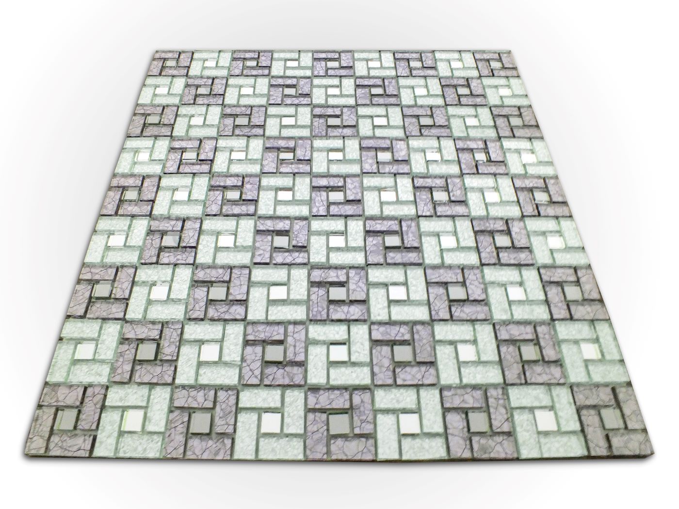 Malla o Mosaico Decorativo Adherible de Vidrio SA, medida 30 X 30 cms (base por altura). Diseño en tonos plata y morado. Caja con 5 piezas.