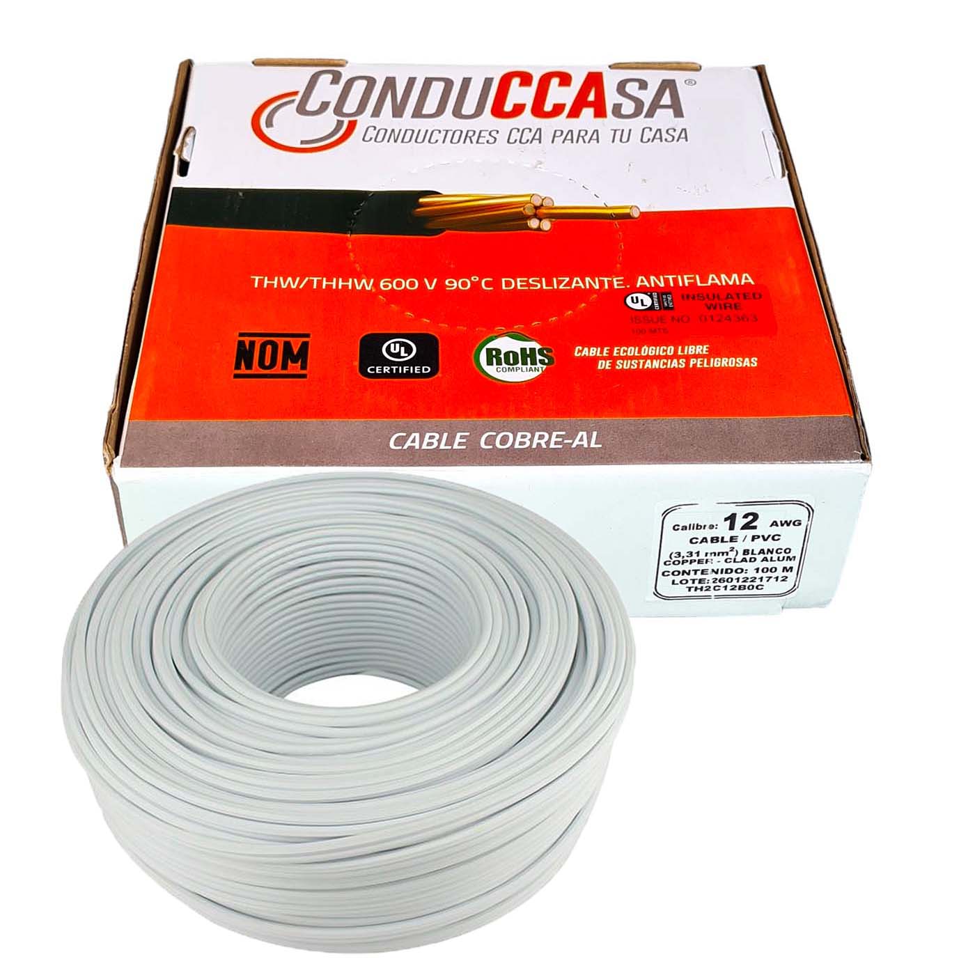 Rollo 100m Cable Eléctrico Calibre 12 Cobre-Al Antiflama Blanco THW / THHW