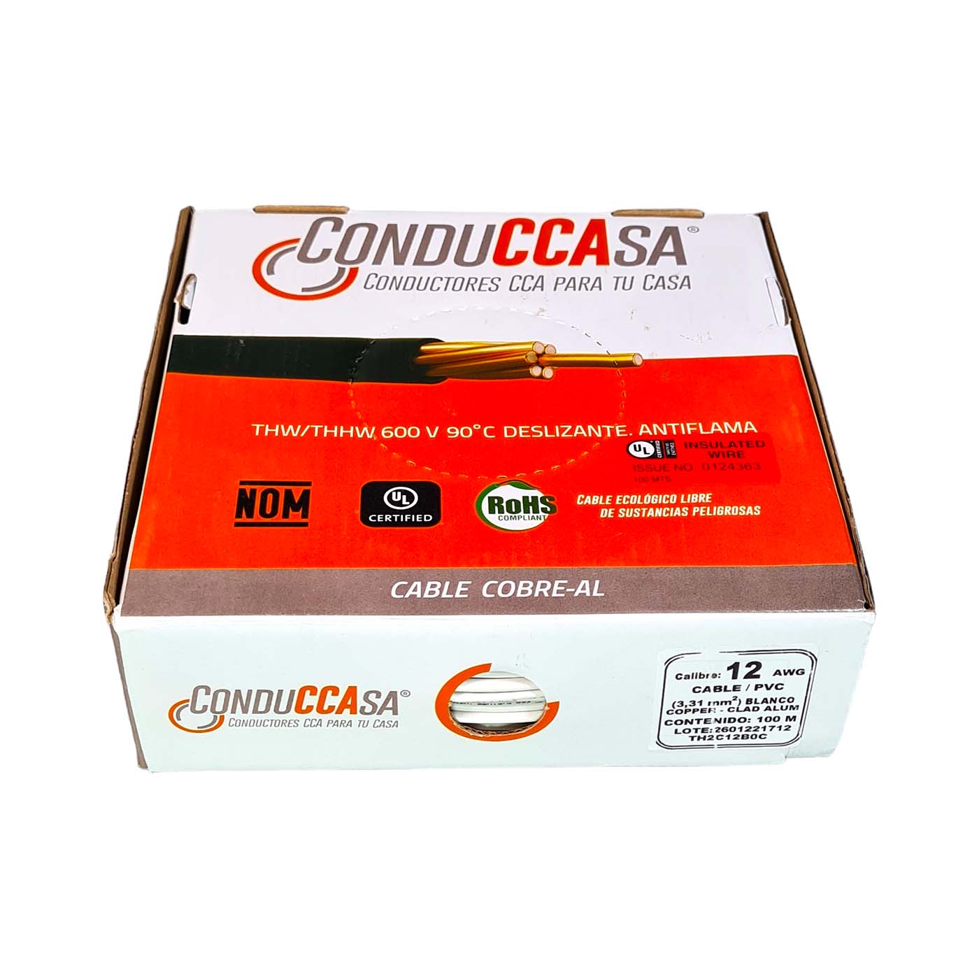 Rollo 100m Cable Eléctrico Calibre 12 Cobre-Al Antiflama Blanco THW / THHW