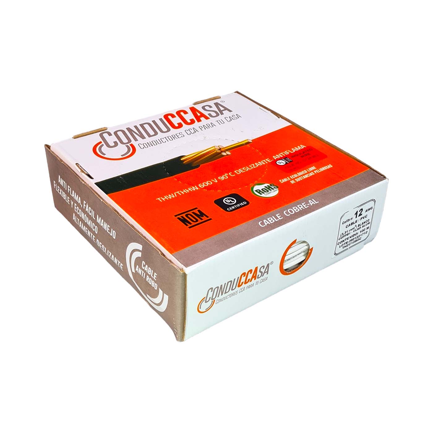 Rollo 100m Cable Eléctrico Calibre 12 Cobre-Al Antiflama Blanco THW / THHW