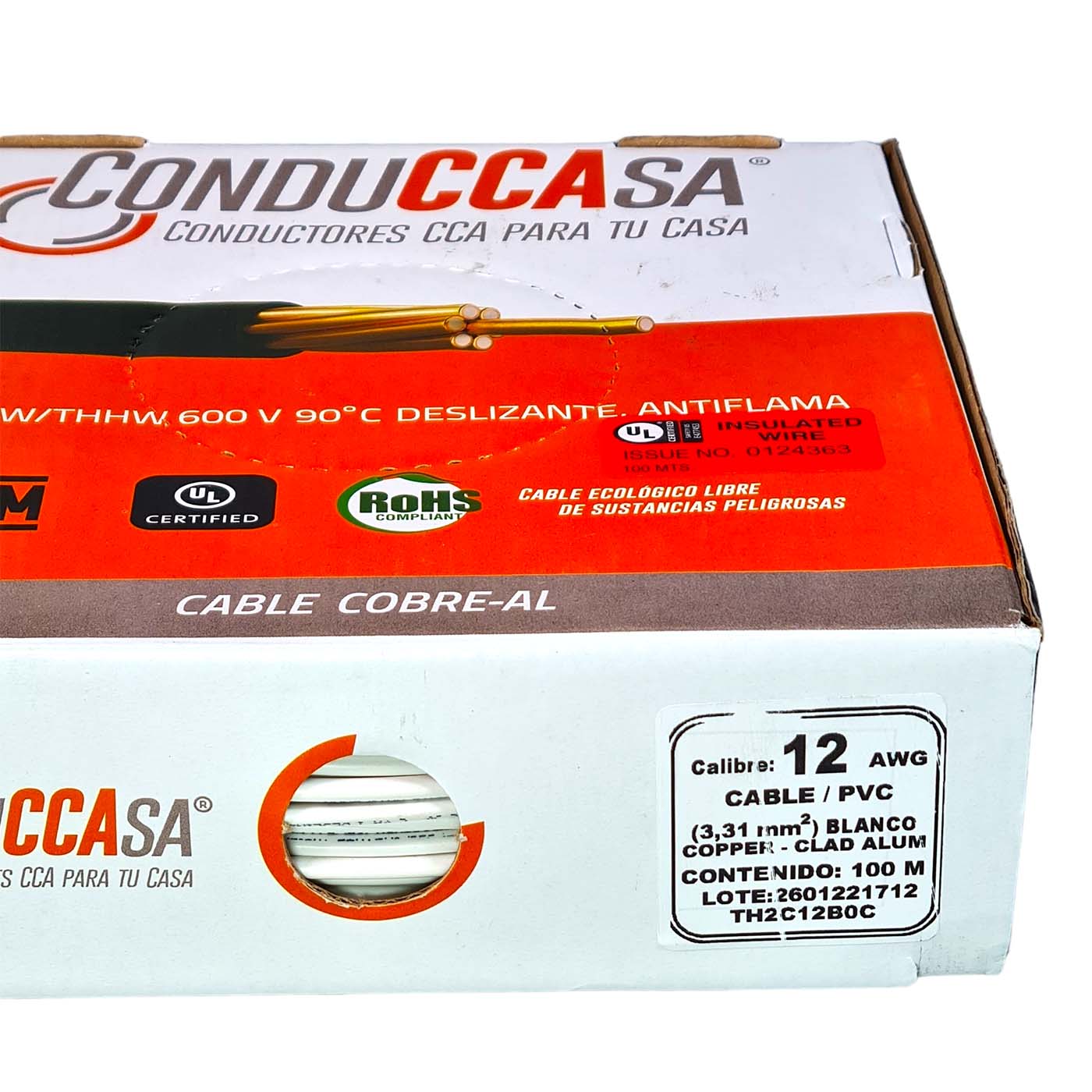Rollo 100m Cable Eléctrico Calibre 12 Cobre-Al Antiflama Blanco THW / THHW