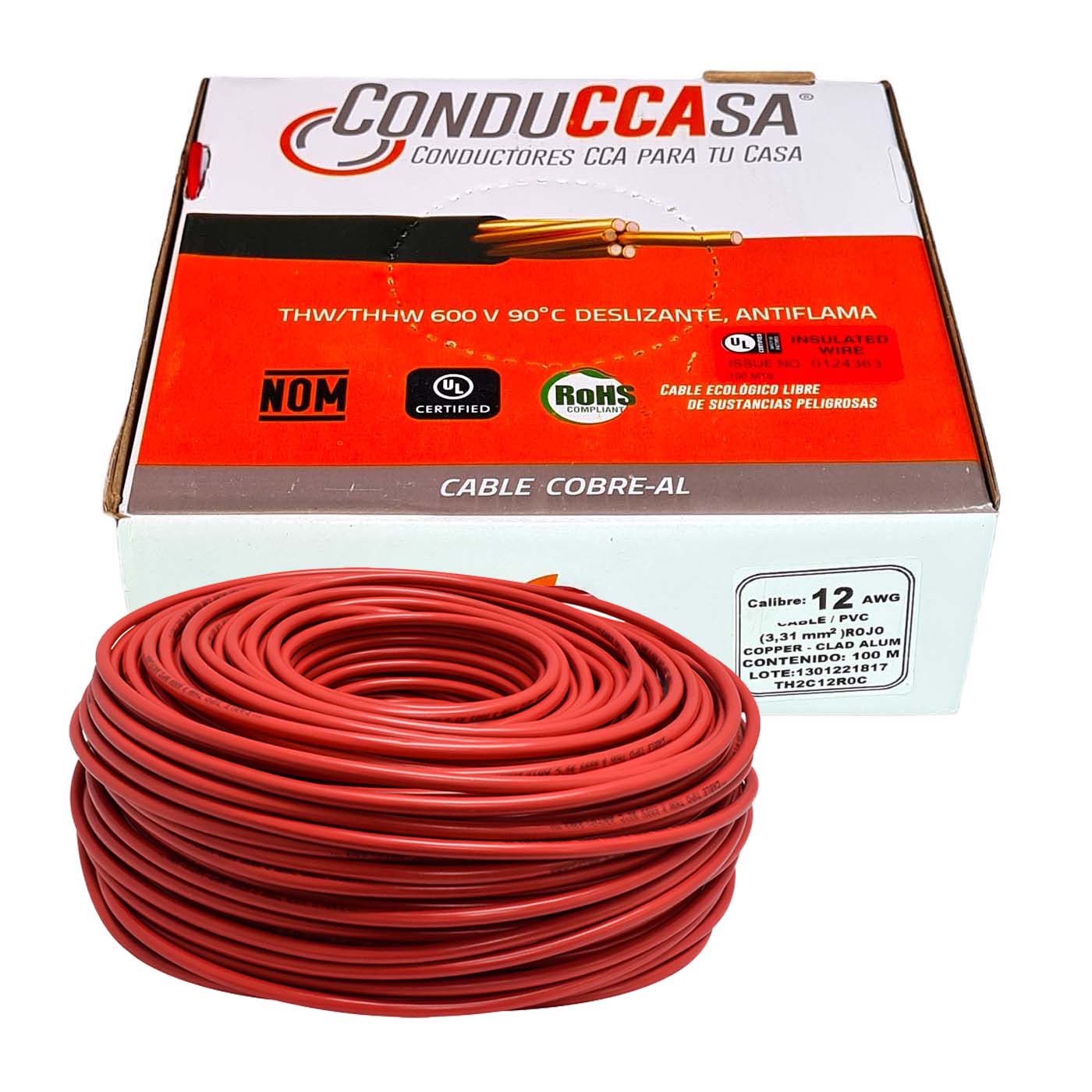 Rollo 100m Cable Eléctrico Calibre 12 Cobre-Al Antiflama Rojo THW / THHW