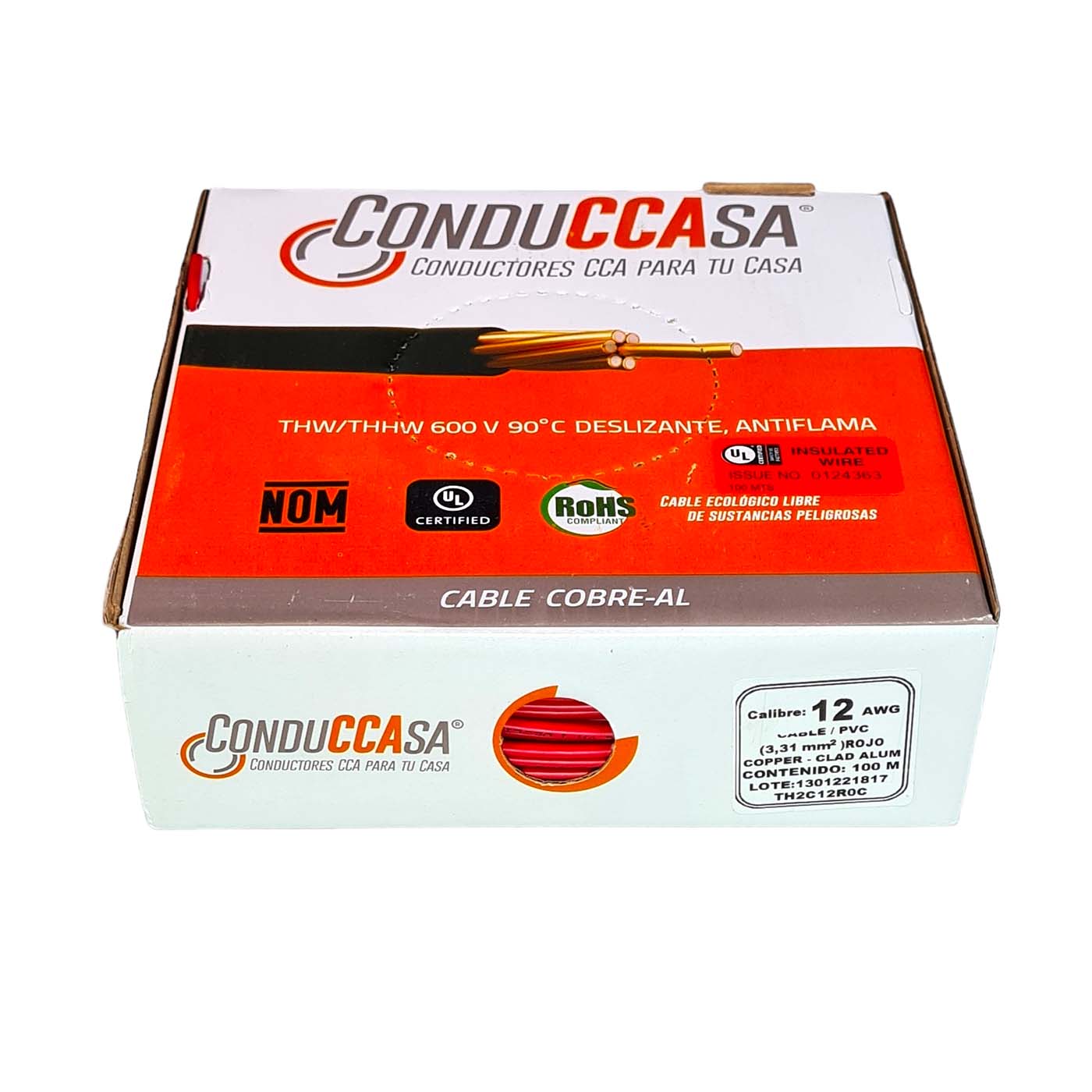 Rollo 100m Cable Eléctrico Calibre 12 Cobre-Al Antiflama Rojo THW / THHW