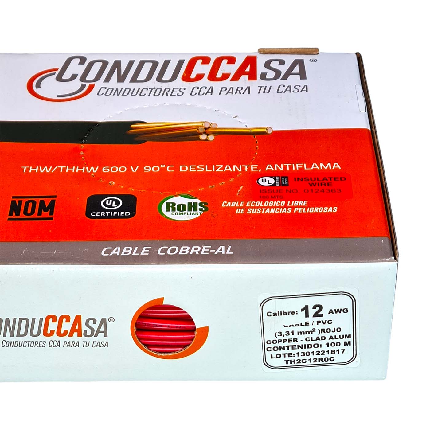 Rollo 100m Cable Eléctrico Calibre 12 Cobre-Al Antiflama Rojo THW / THHW