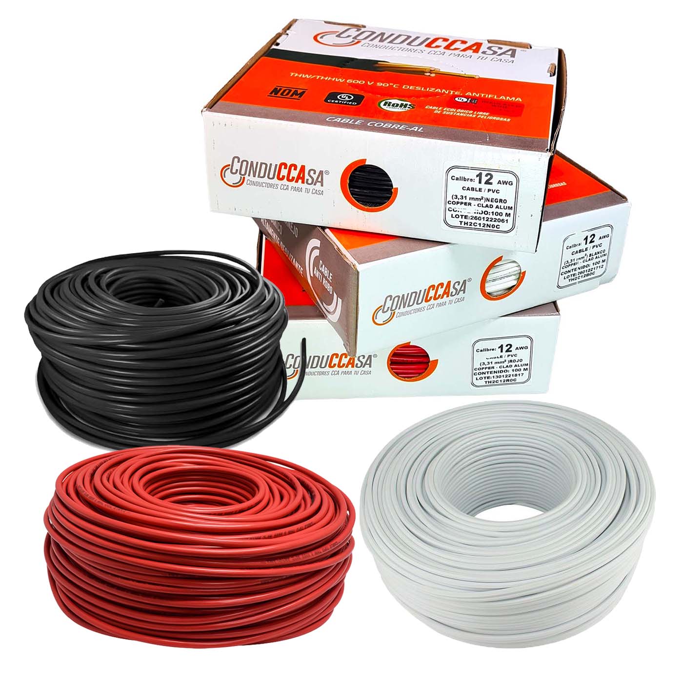 3 Rollos 100m c/u Cable Eléctrico Calibre 12 Cobre-Al Antiflama Negro, Rojo y Blanco THW / THHW