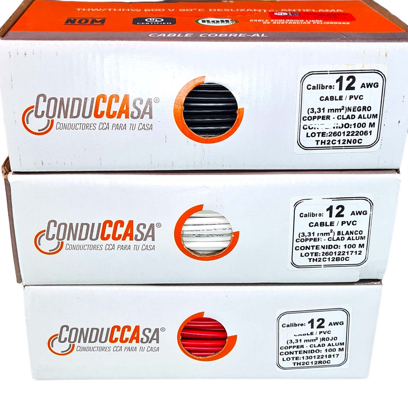 3 Rollos 100m c/u Cable Eléctrico Calibre 12 Cobre-Al Antiflama Negro, Rojo y Blanco THW / THHW