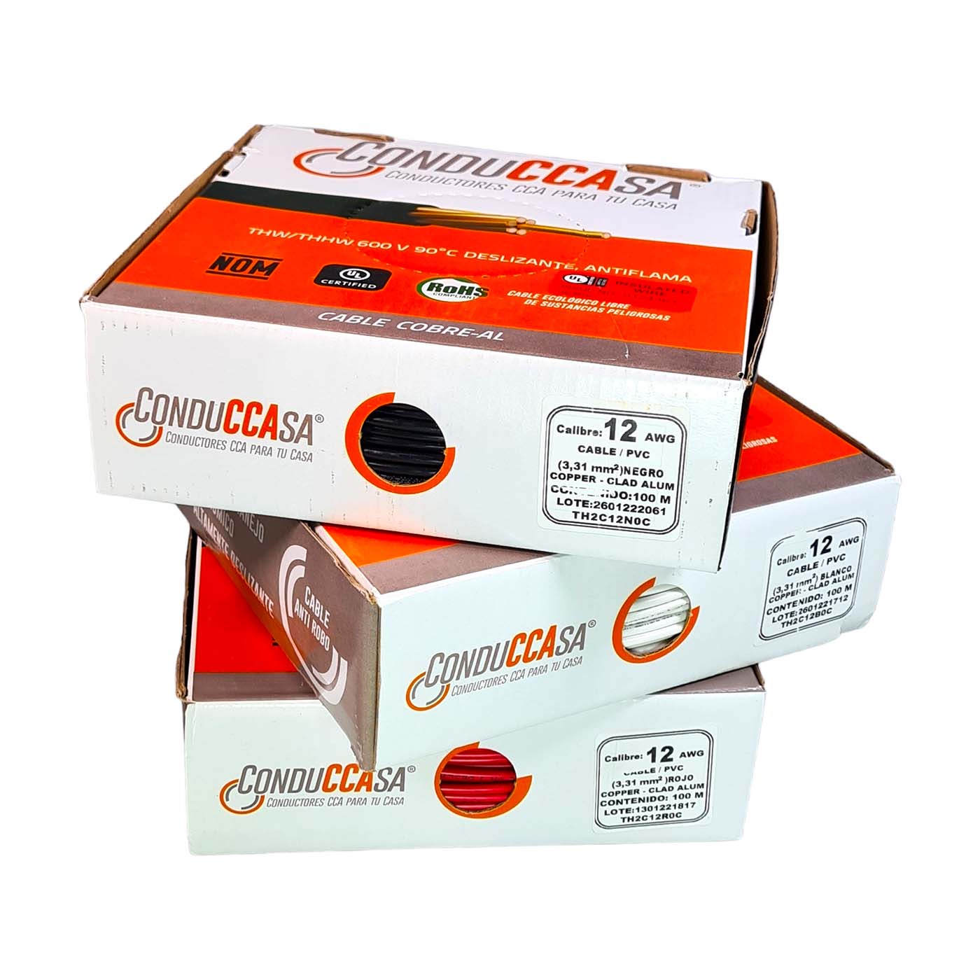 3 Rollos 100m c/u Cable Eléctrico Calibre 12 Cobre-Al Antiflama Negro, Rojo y Blanco THW / THHW