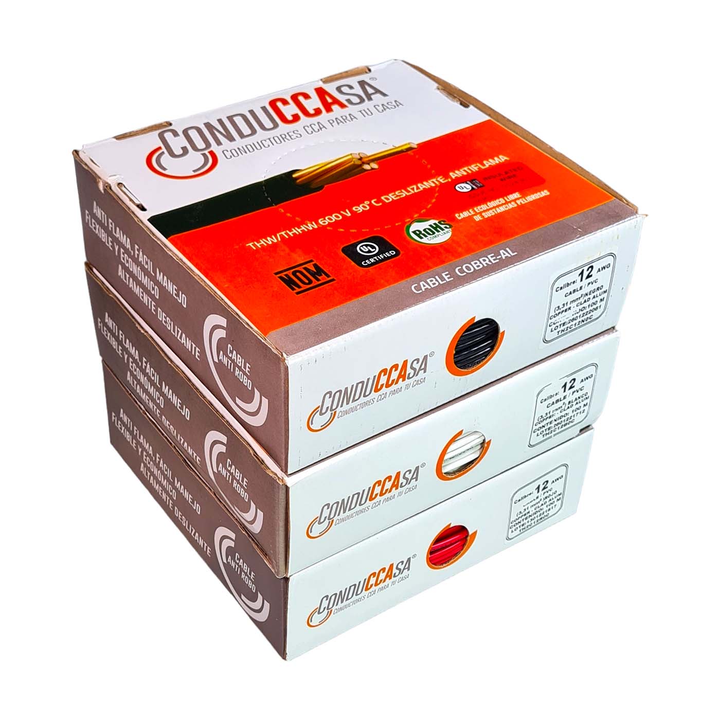 3 Rollos 100m c/u Cable Eléctrico Calibre 12 Cobre-Al Antiflama Negro, Rojo y Blanco THW / THHW