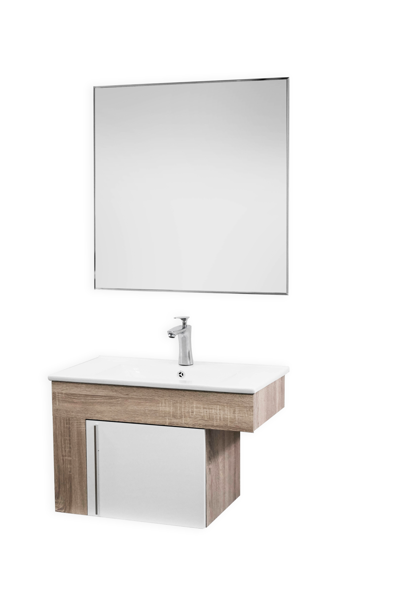 Set Mueble para baño suspendido (Gabinete) GR70CA de 70 cms. con una  puerta. El set incluye: lavabo de cerámica, espejo y monomando. Estructura  color Cambrian y puerta Blanca