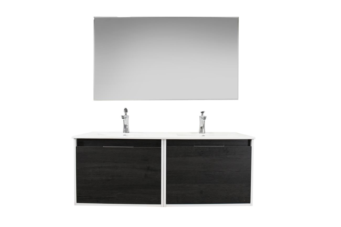 Set Mueble para baño suspendido (Gabinete) VA120EB, con dos cajoneras y dos cajones interiores. El set incluye: lavabo de cerámica, espejo y monomando. Color Ebony.