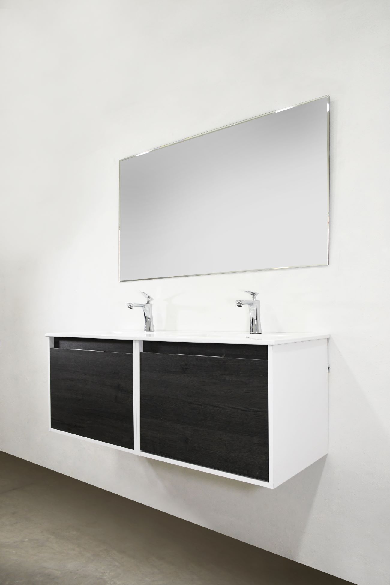 Set Mueble para baño suspendido (Gabinete) VA120EB, con dos cajoneras y dos cajones interiores. El set incluye: lavabo de cerámica, espejo y monomando. Color Ebony.