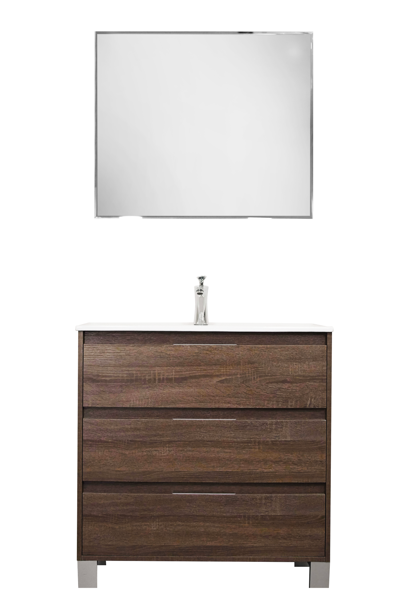 Set Mueble para baño a piso (Gabinete) SI80BR, con tres cajones. El set incluye: lavabo de cerámica, espejo y monomando.  Color Brittania.