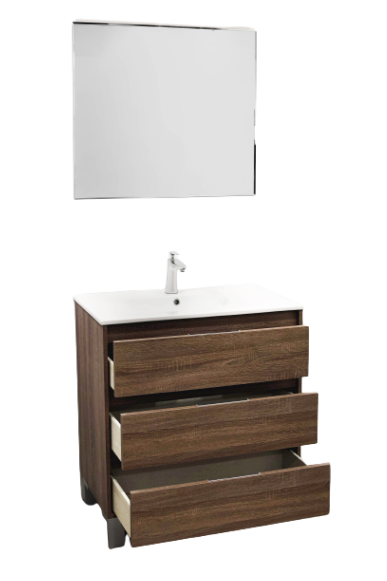 Set Mueble para baño a piso (Gabinete) SI80BR, con tres cajones. El set incluye: lavabo de cerámica, espejo y monomando.  Color Brittania.