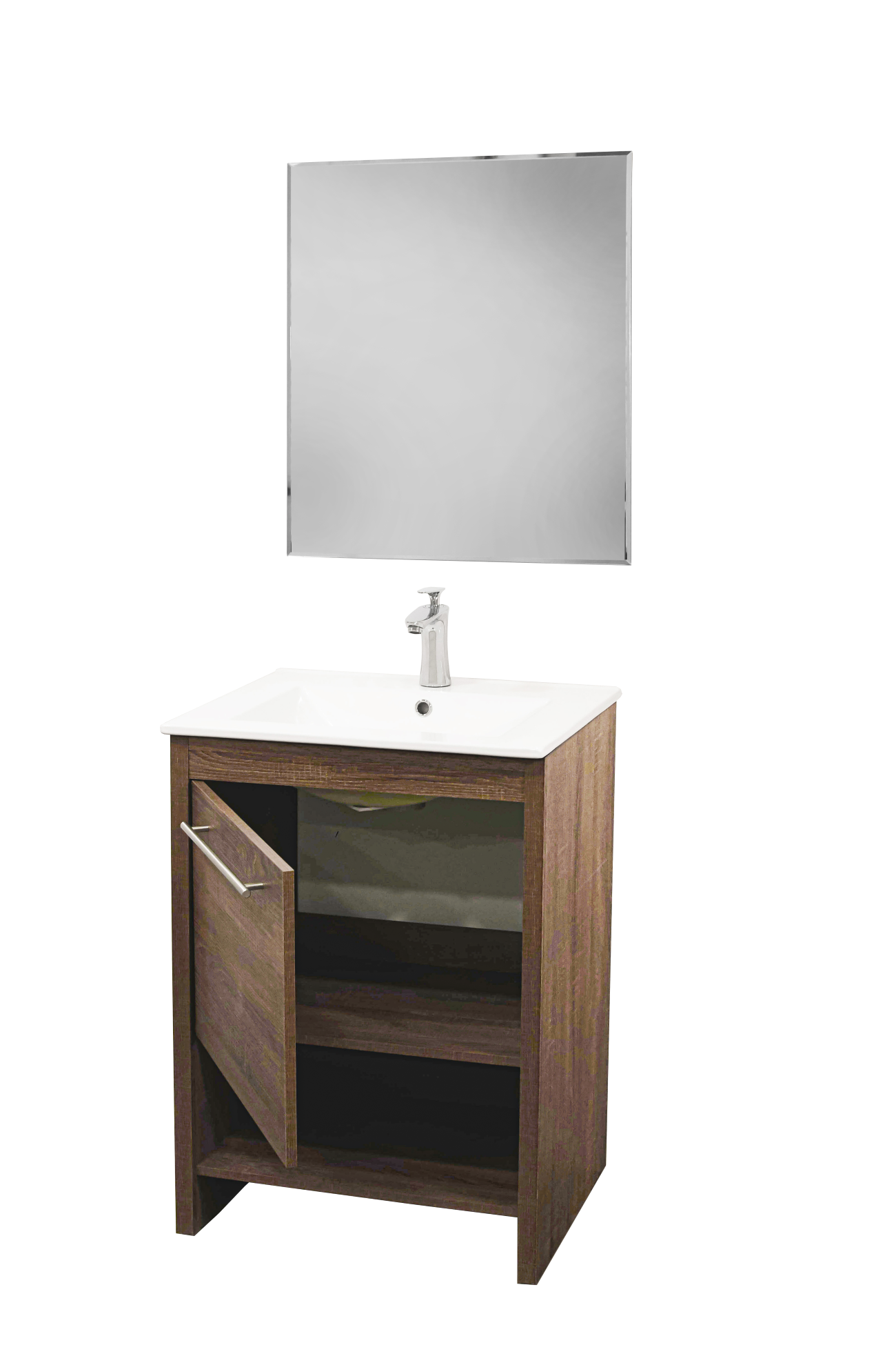 Set Mueble para baño a piso (Gabinete) MA60BR, con una puerta y entrepaño. El set incluye: lavabo de cerámica, espejo y monomando. Color Britannia.