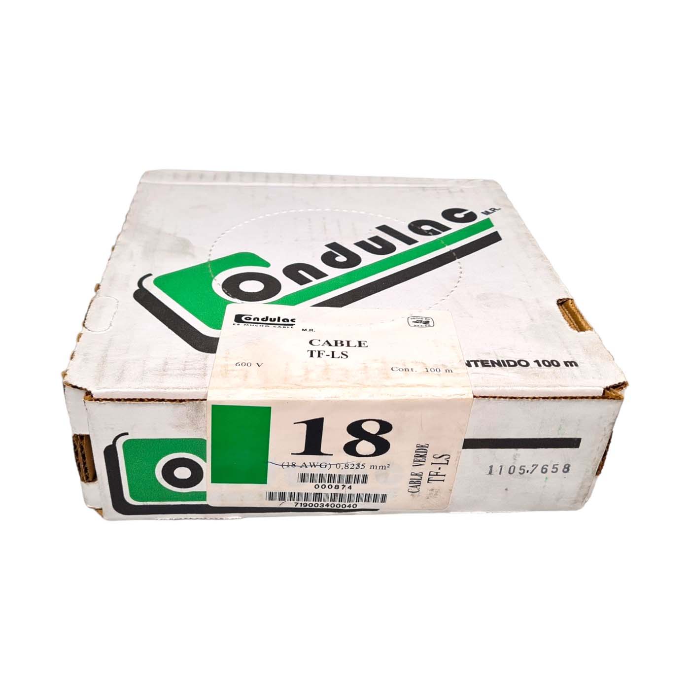 Rollo 100m Cable Eléctrico Calibre 18 100% Cobre Color Verde Condulac TF-LS
