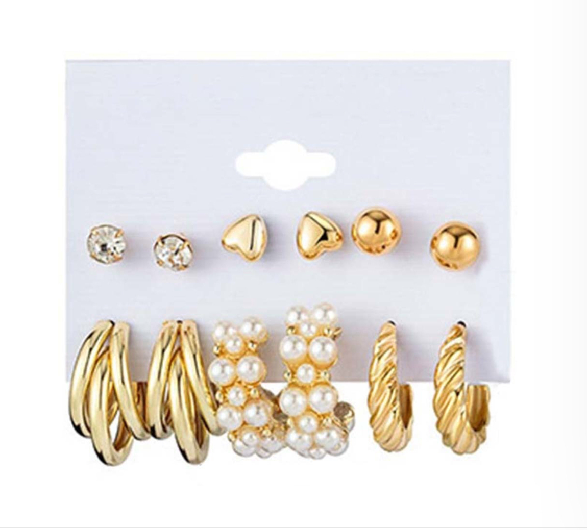 Aretes Set Arracadas Broquel Doradas Perla Para Mujer 12p dorado 02