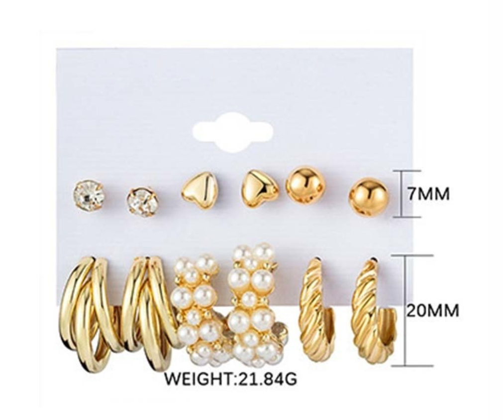 Aretes Set Arracadas Broquel Doradas Perla Para Mujer 12p dorado 02