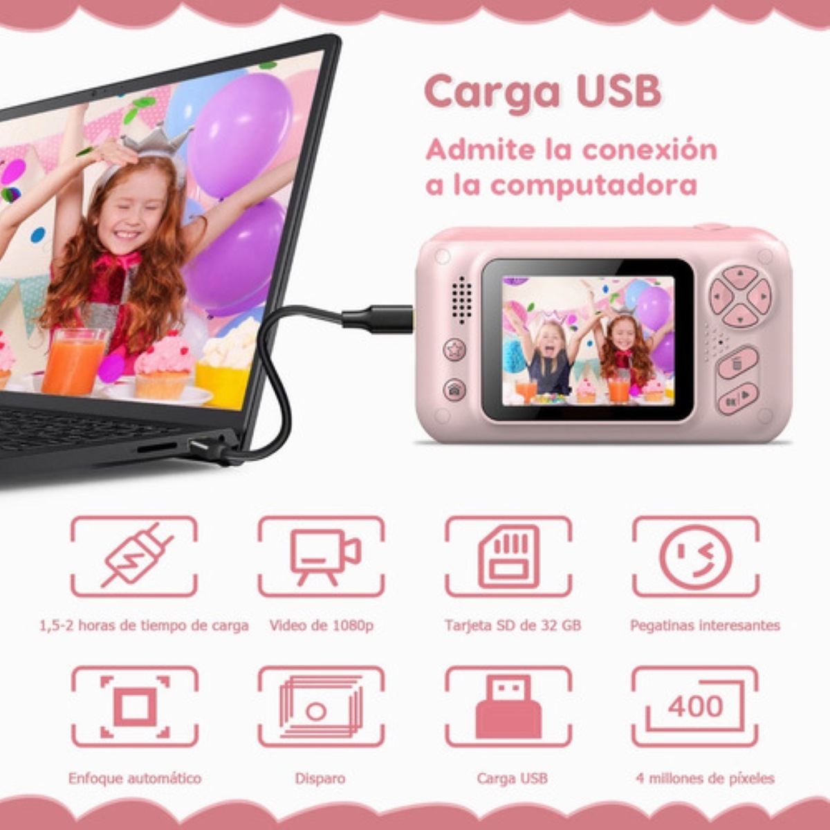 Cámara Fotográfica Mini Digital Infantil Belug Color Rosa