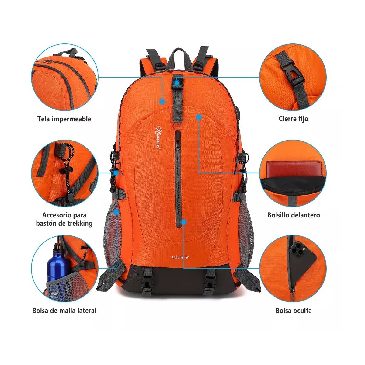 Mochila Impermeable 50l Para Senderismo Montañismo Naranja