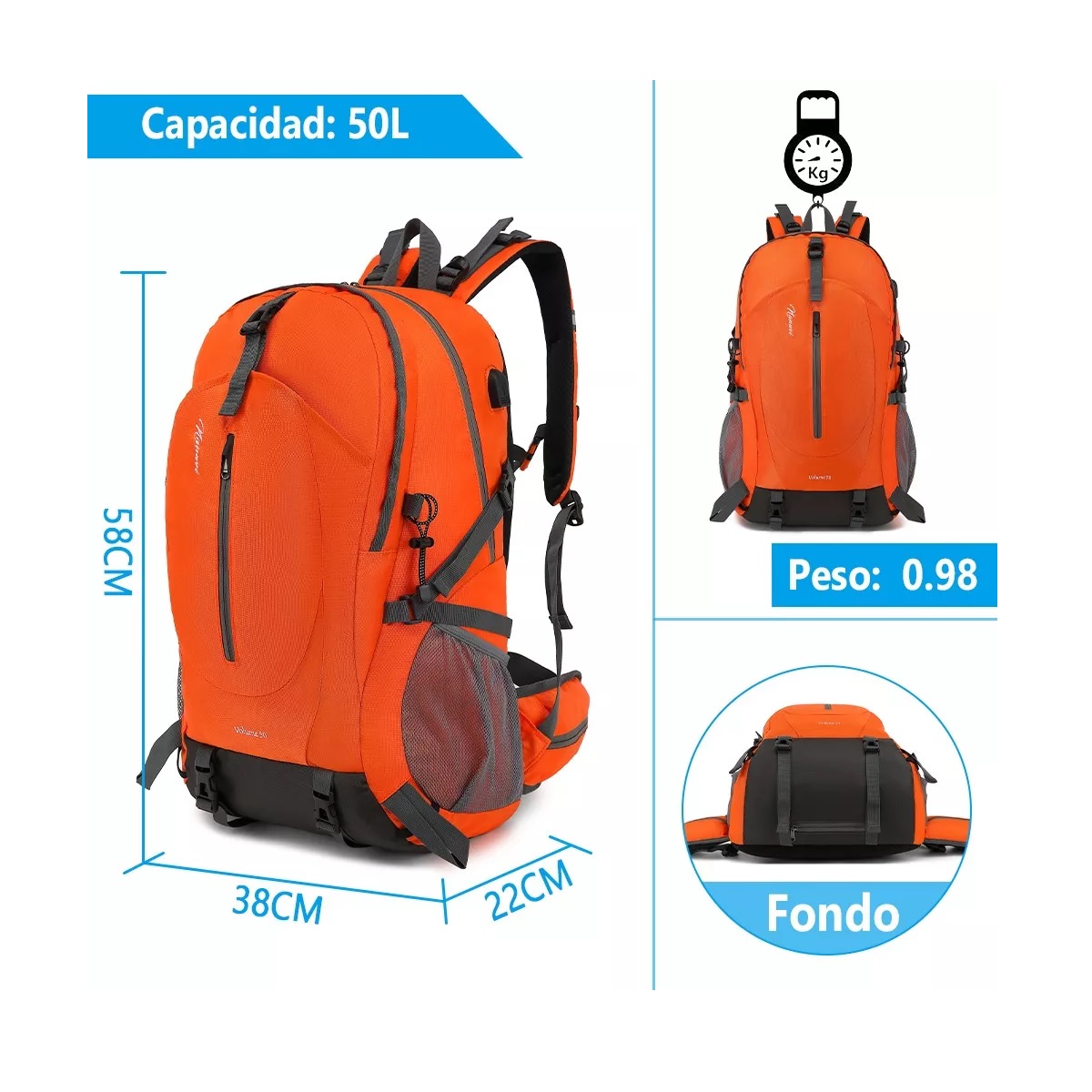 Mochila Impermeable 50l Para Senderismo Montañismo Naranja