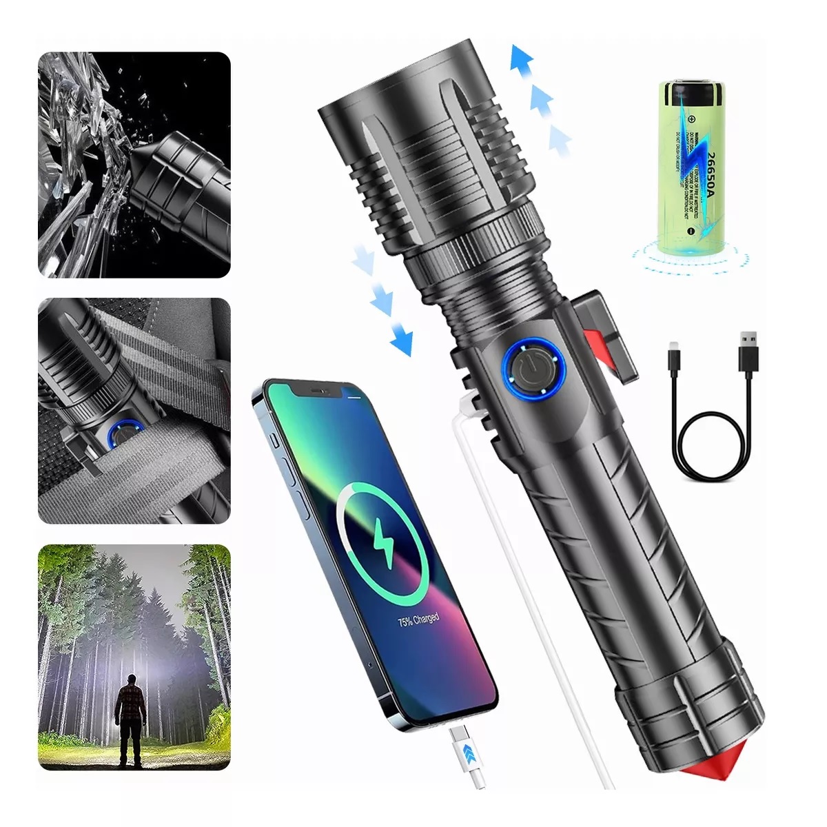 Lámpara Táctica Recargable Usb Xhp70 Led Campismo Linterna