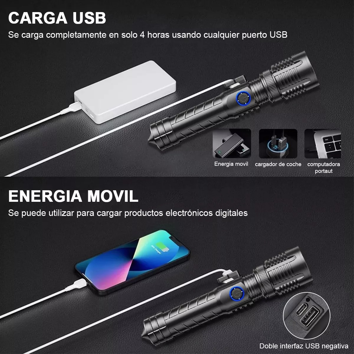 Lámpara Táctica Recargable Usb Xhp70 Led Campismo Linterna