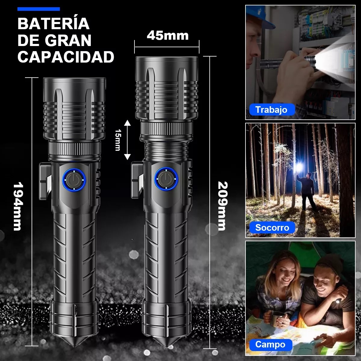 Lámpara Táctica Recargable Usb Xhp70 Led Campismo Linterna