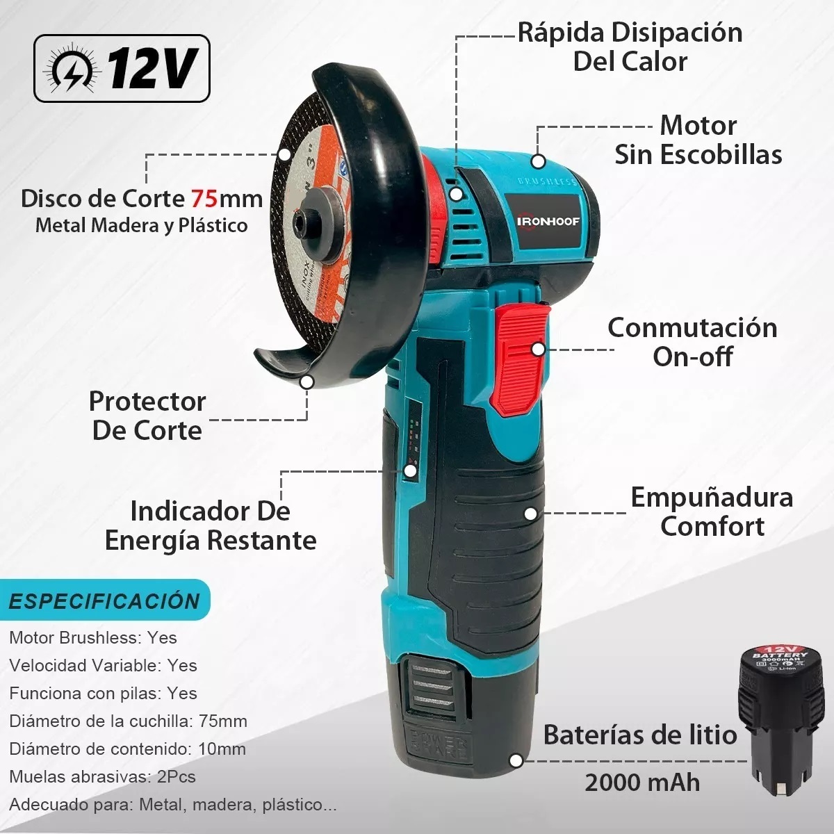 Mini Esmeril Angular Inalámbrica Pulidora 12v 75mm 2 Batería Azul