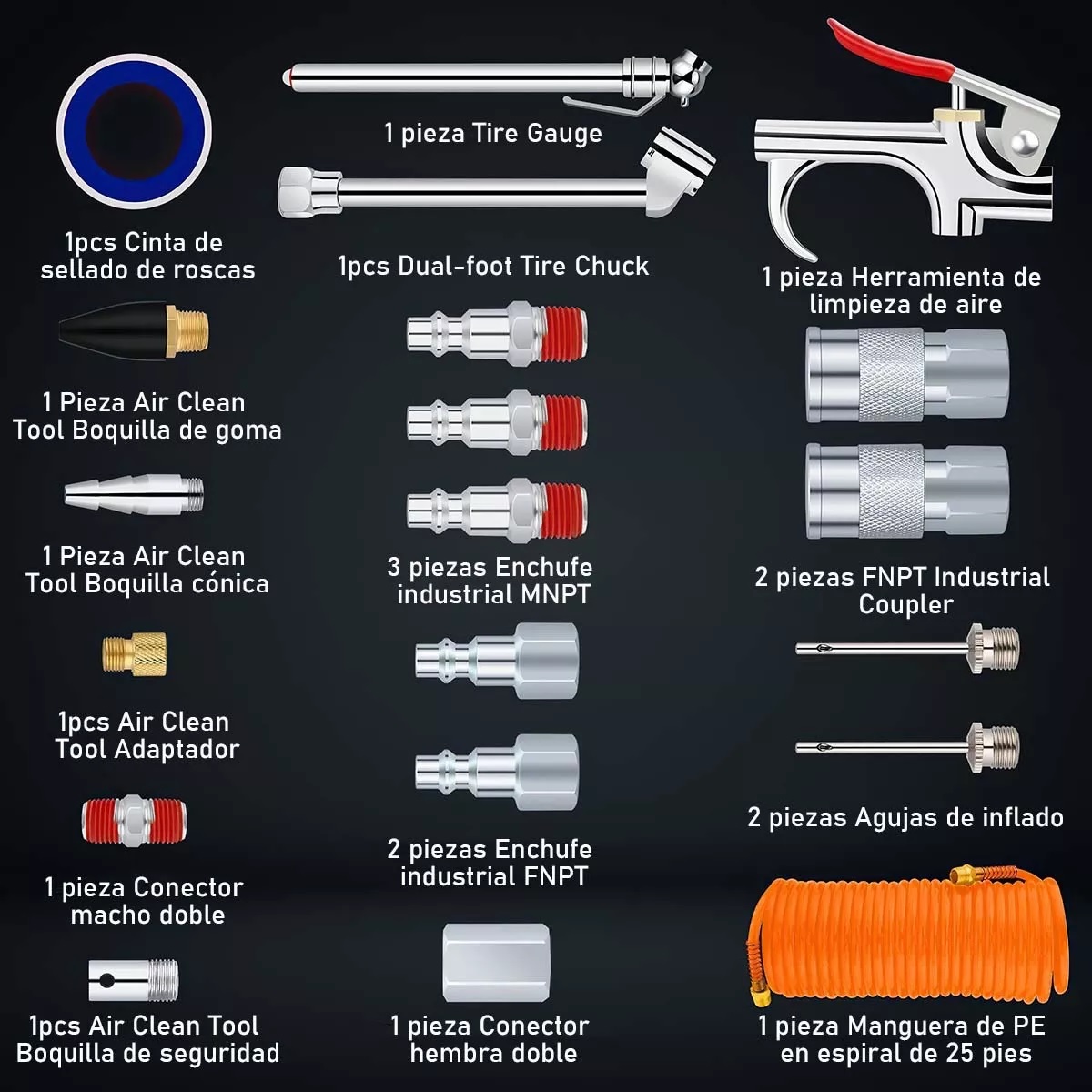 Kit Accesorios Aire Para Compresor Con Manguera 20 Piezas