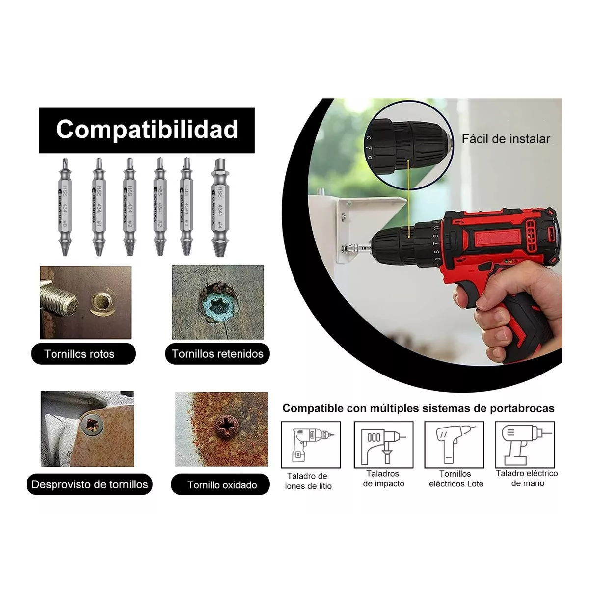 Set 6pcs Herramienta Extractor Quita Tornillo Roto Perno Hss