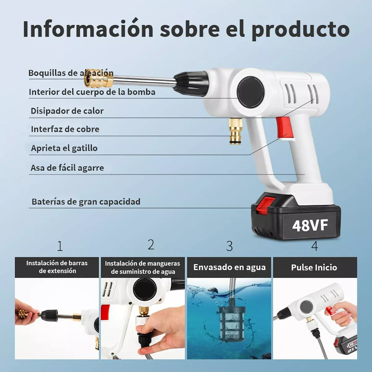 Inalámbrica Hidrolavadora/pistola Lavado Coche /2 Pilas 48v
