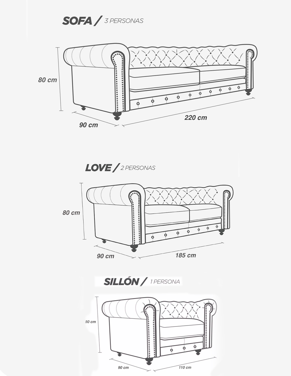 Sala de Piel Genuina Sofa,Love y Sillon Chesterfield CHPV Color Negro - ConfortoPiel