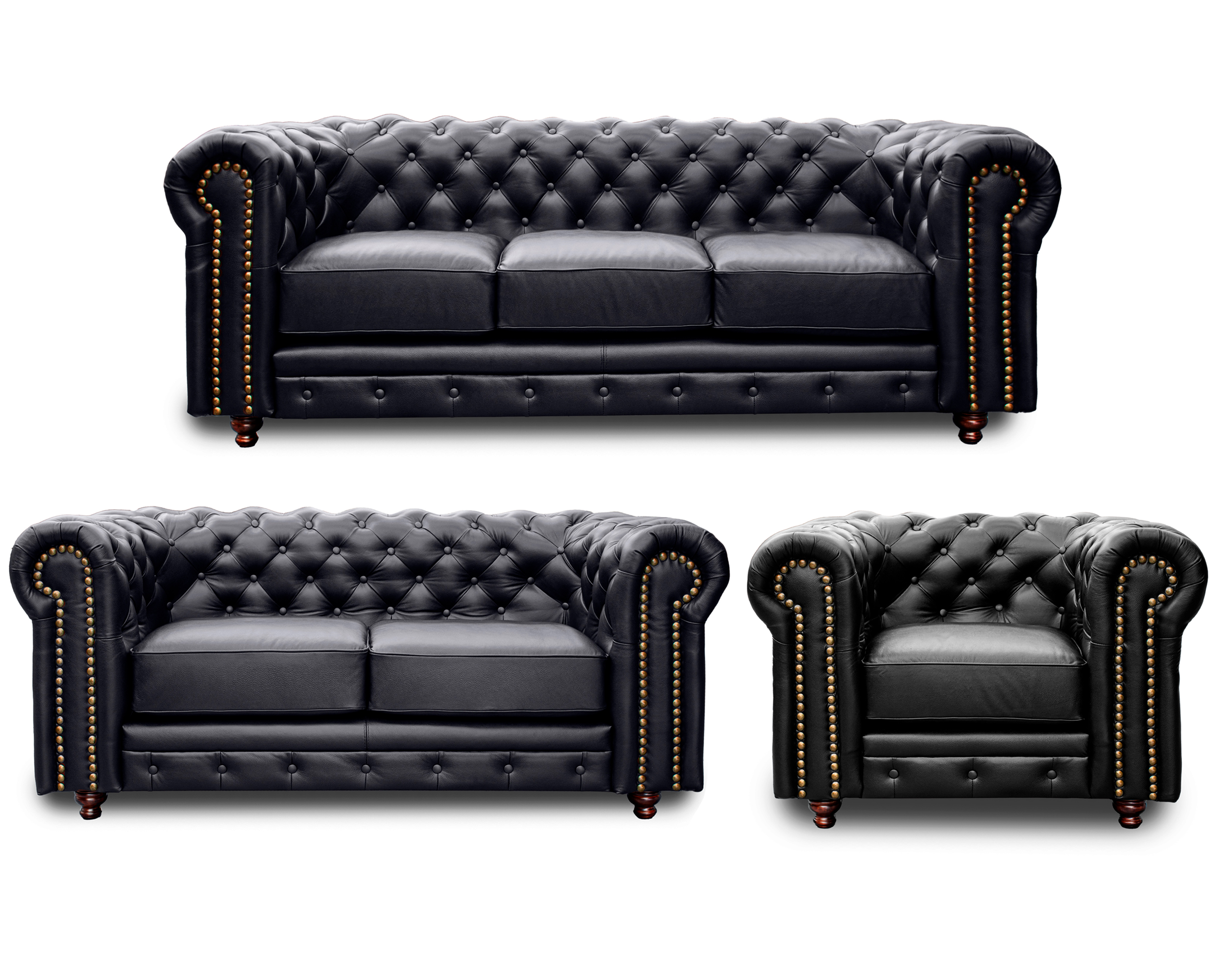Sala de Piel Genuina Sofa,Love y Sillon Chesterfield CHPV Color Negro - ConfortoPiel