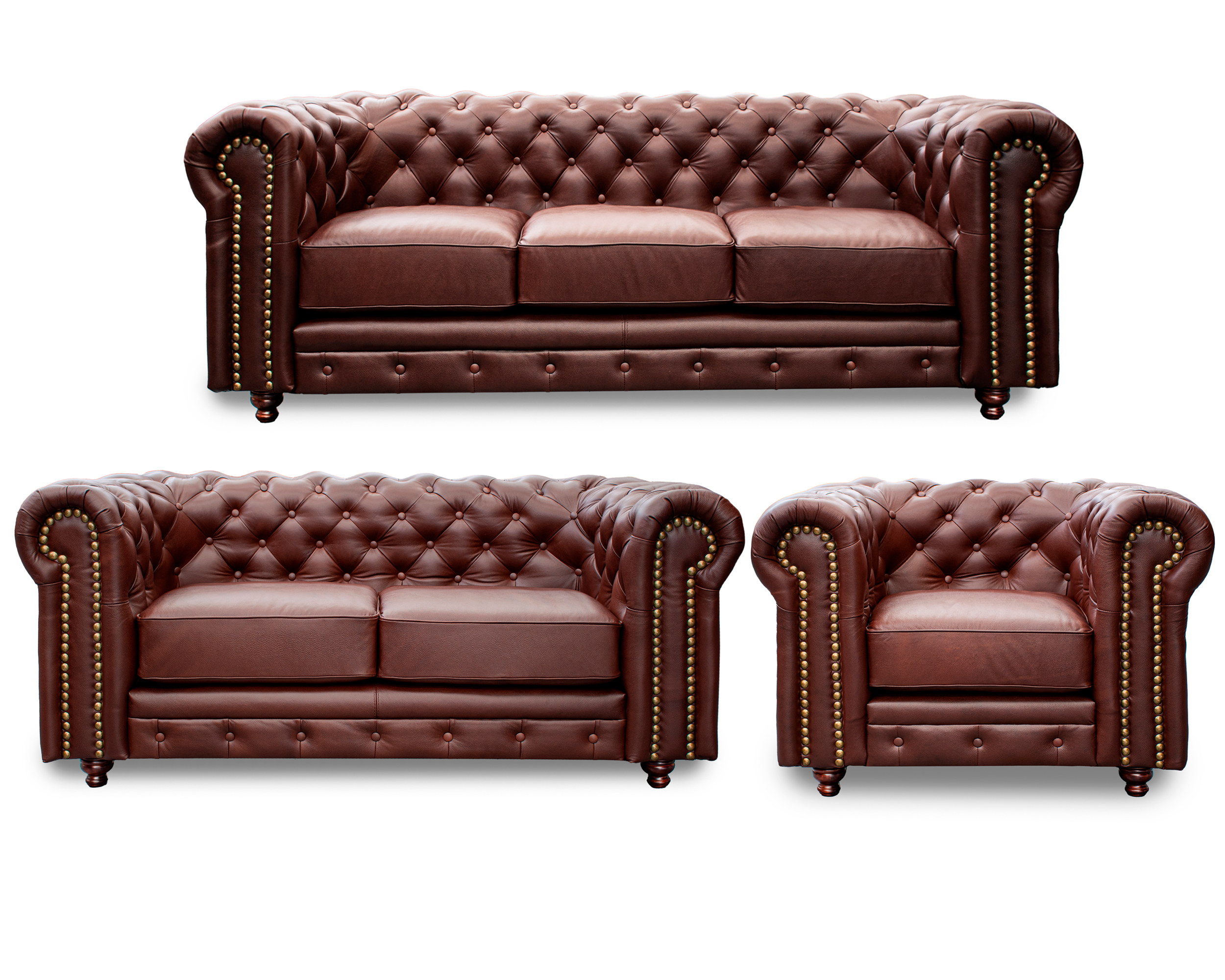 Sala de Piel Genuina Sofa,Love y Sillon Chesterfield CHPV Color Tabaco - ConfortoPiel