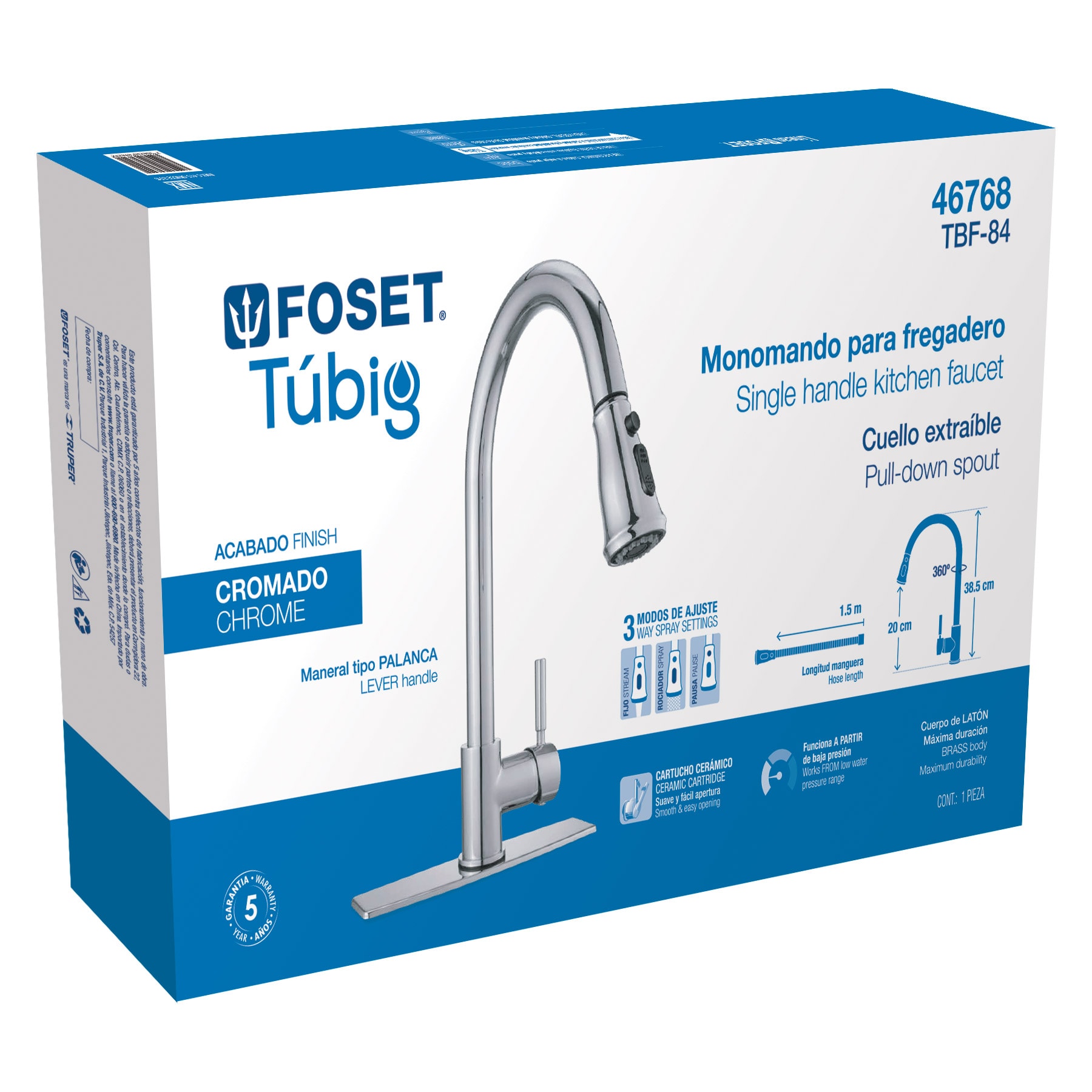 Monomando para fregadero, cuello extraíble, cromo, Tubig Foset 46768