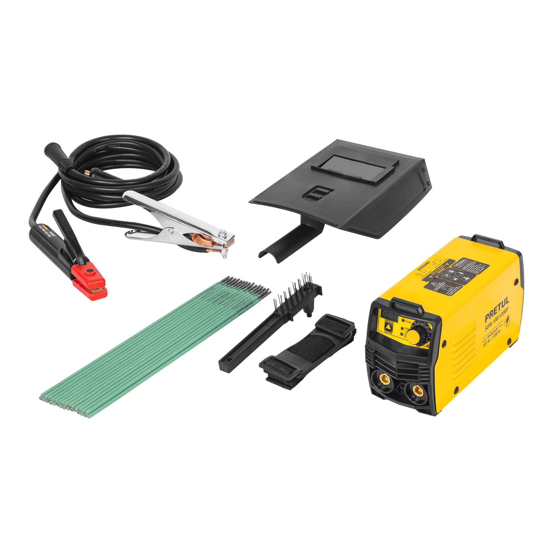 MINI SOLDADORA INVERSORA BI-VOLTAJE 120 A, 127/220V, PRETUL 28156