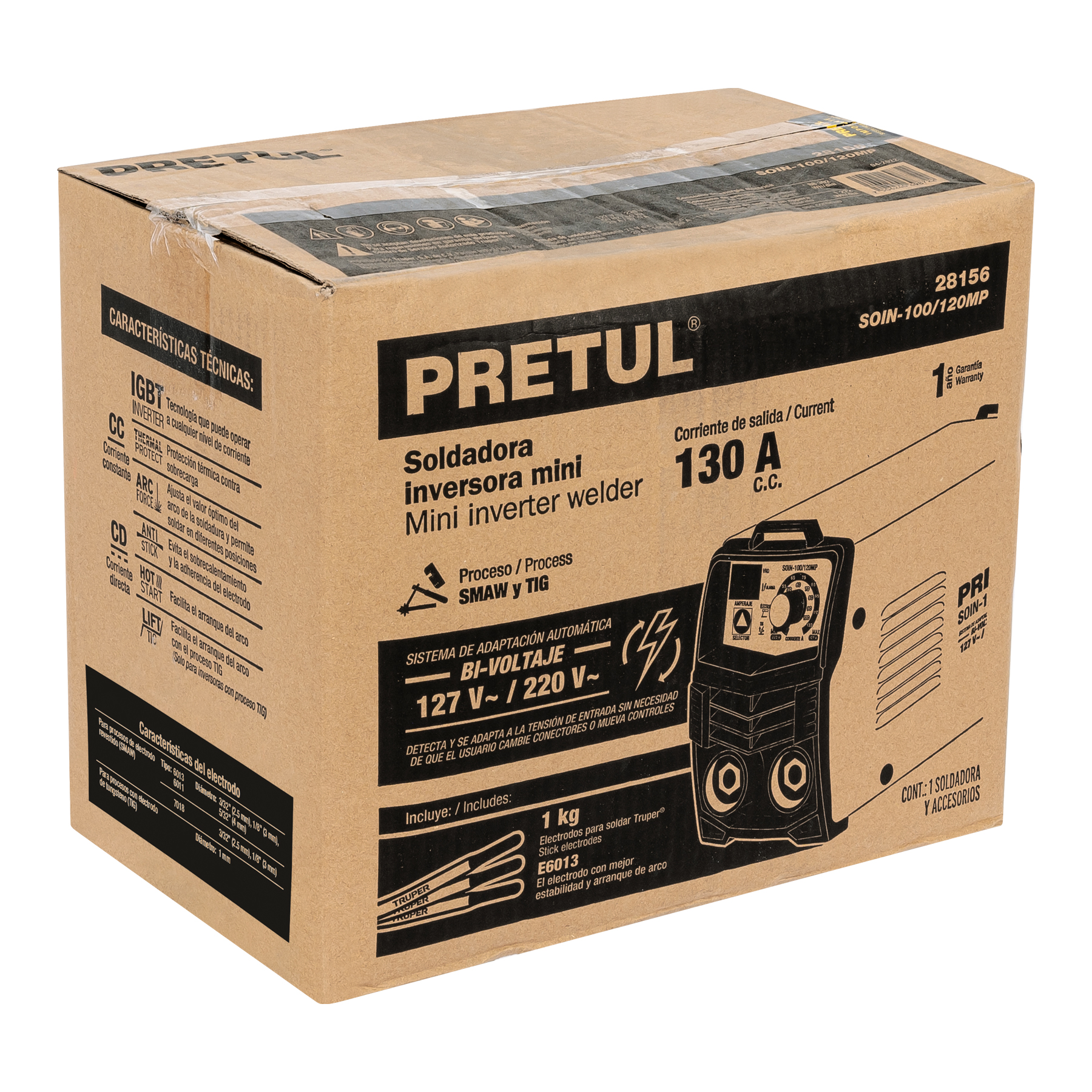 MINI SOLDADORA INVERSORA BI-VOLTAJE 120 A, 127/220V, PRETUL 28156