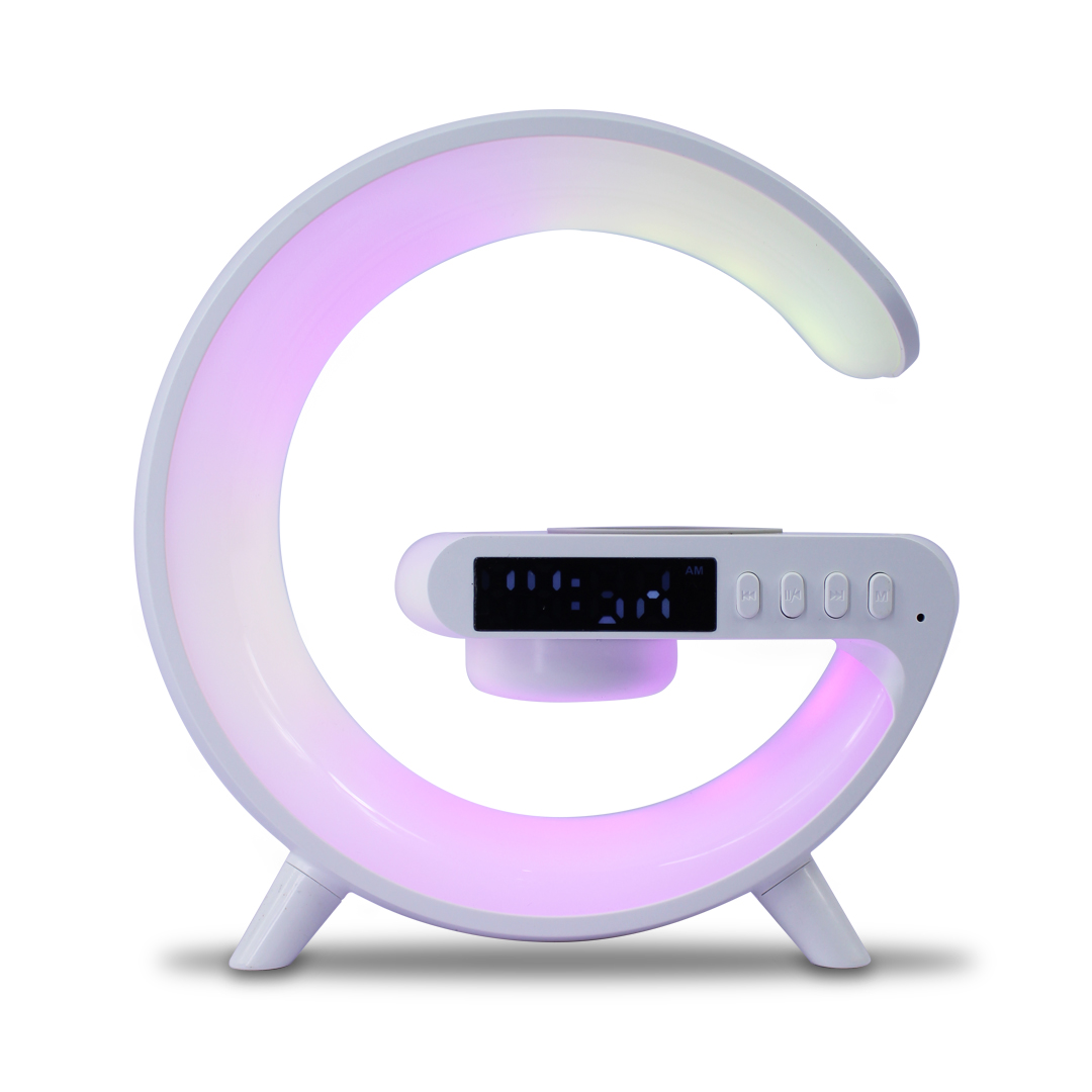 Bocina Forma De G Inteligente Con Pantalla Despertador Cargador De Celular Inalambrico G63 Luz Rgb